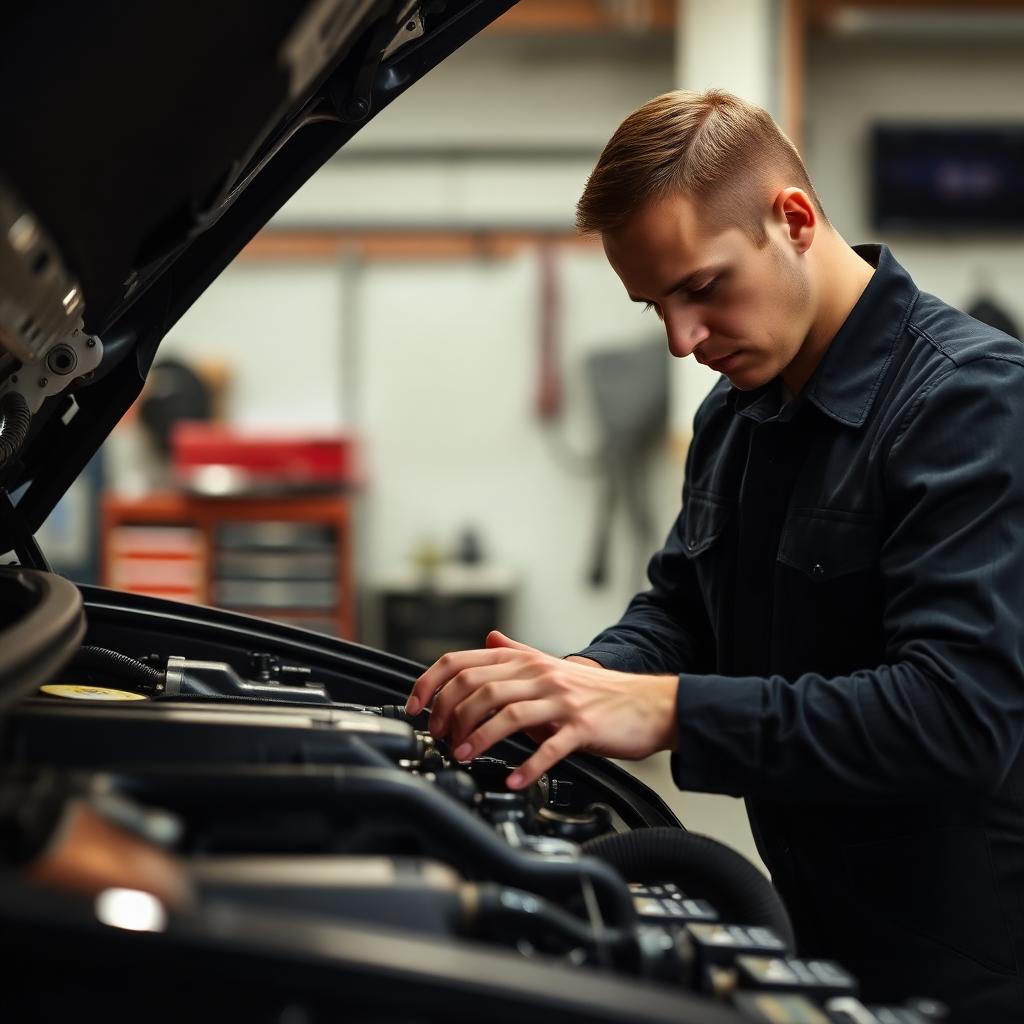 Mekaniker arbejder på bilmotor i værkstedet